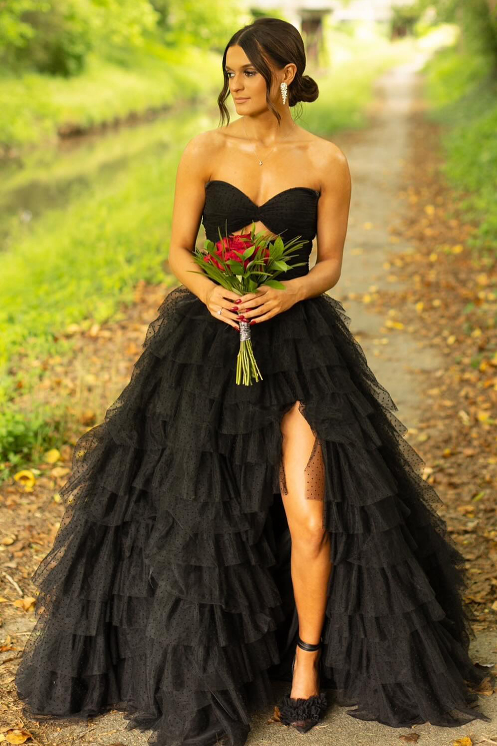 Black Sweetheart Princess Tulle Tiered Long Corset Prom Dress with Slit