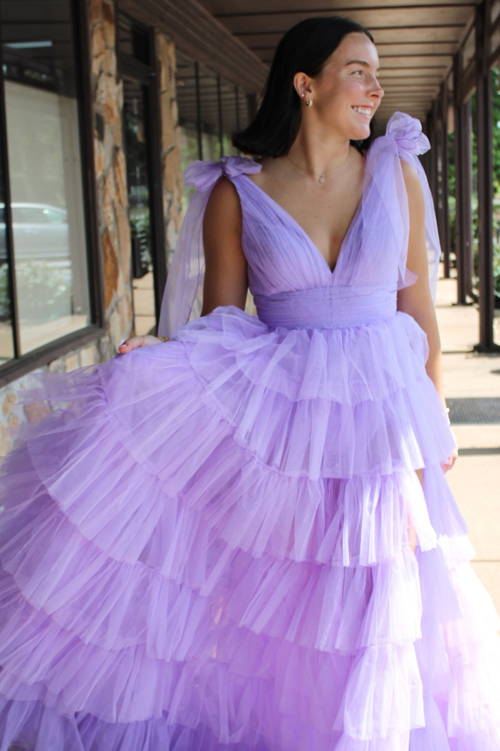 Lilac Adjustable Straps Princess Tulle Tiered Long Prom Dress with Slit