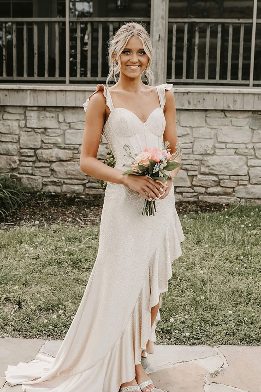 Glitter Yellow Spaghetti Straps Mermaid Beaded Long Corset Prom Dress with Ruffles