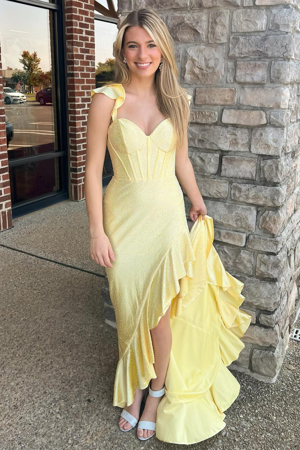 Glitter Yellow Spaghetti Straps Mermaid Beaded Long Corset Prom Dress with Ruffles