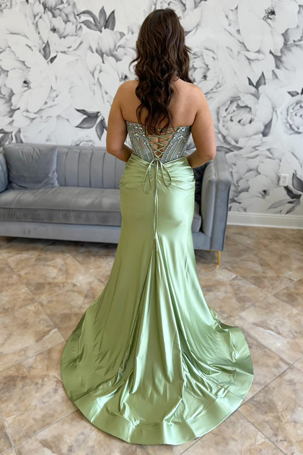 Glitter Blue Strapless Mermaid Satin Beaded Long Corset Prom Dress with Slit