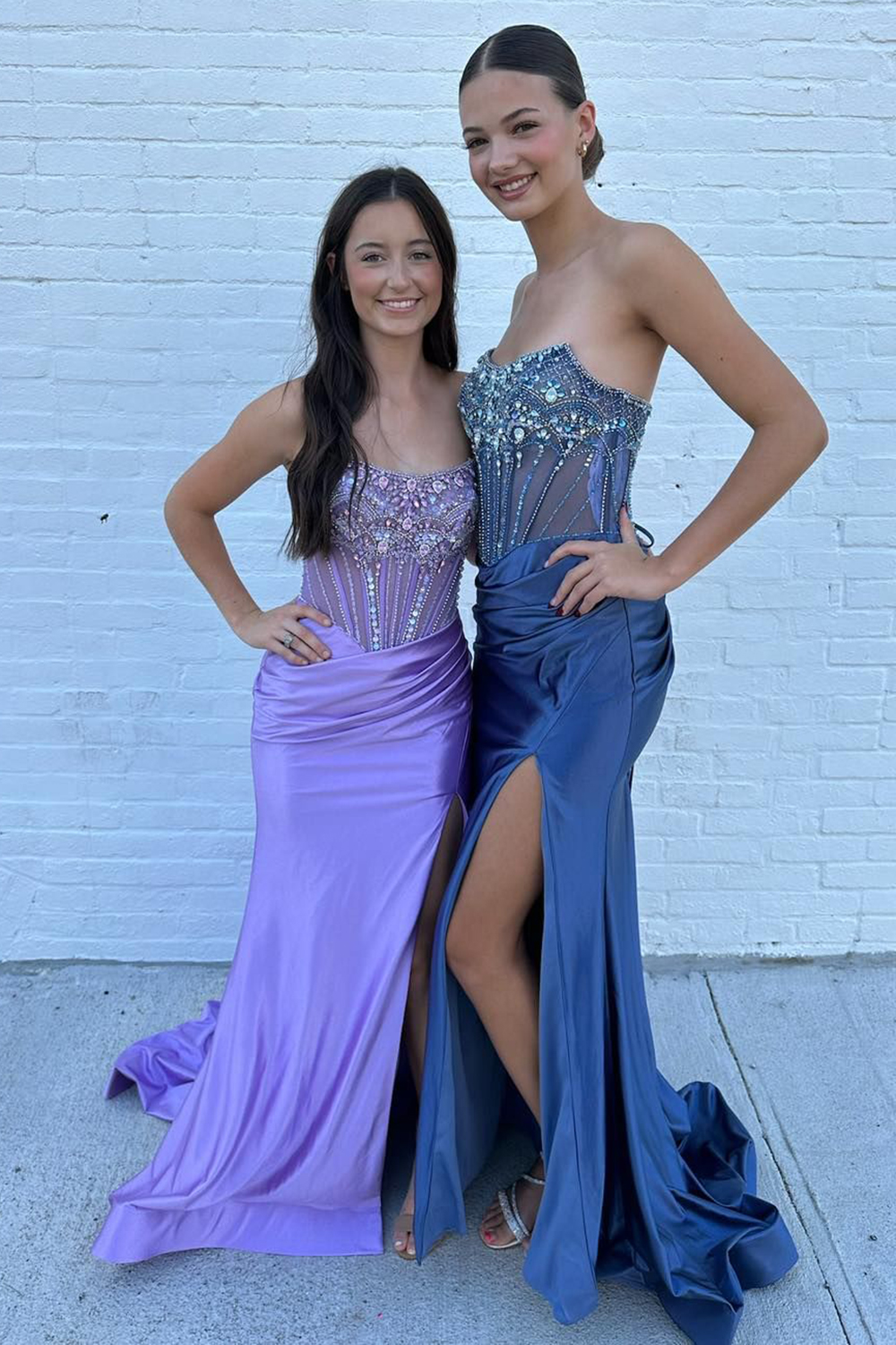 Glitter Blue Strapless Mermaid Satin Beaded Long Corset Prom Dress with Slit