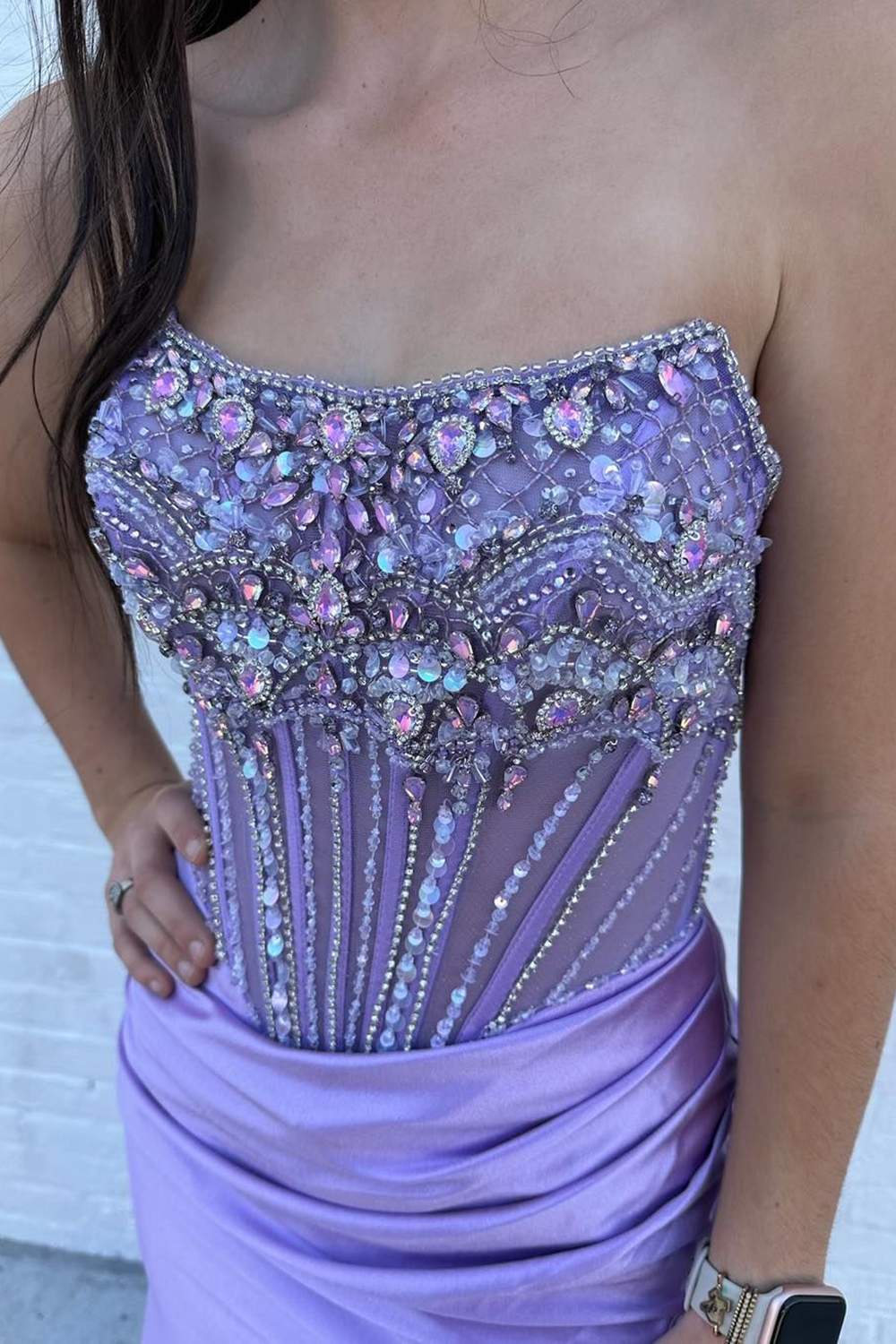 Glitter Blue Strapless Mermaid Satin Beaded Long Corset Prom Dress with Slit