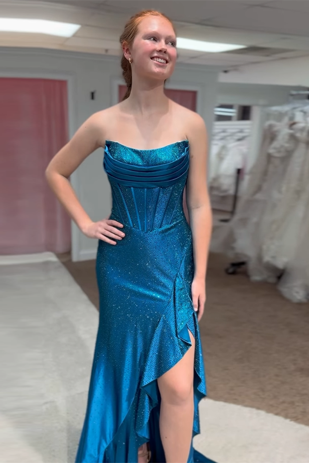 Sparkly Fucsia Strapless Corset Beaded Long Prom Dress with Slit