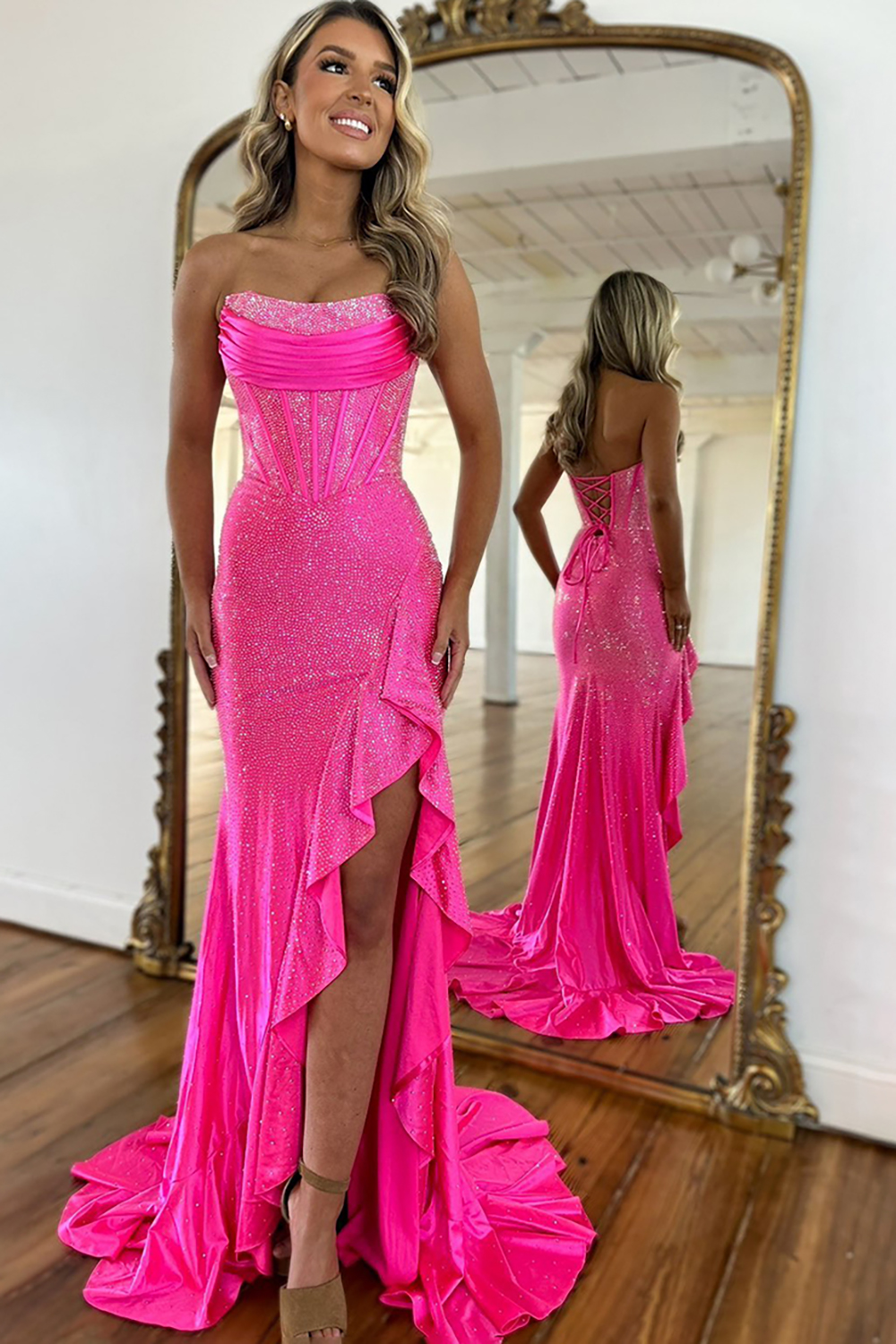 Sparkly Fuchsia Strapless Prom Dress Mermaid Beaded Formal Dress Long Corset Pageant Dress with Ruffles