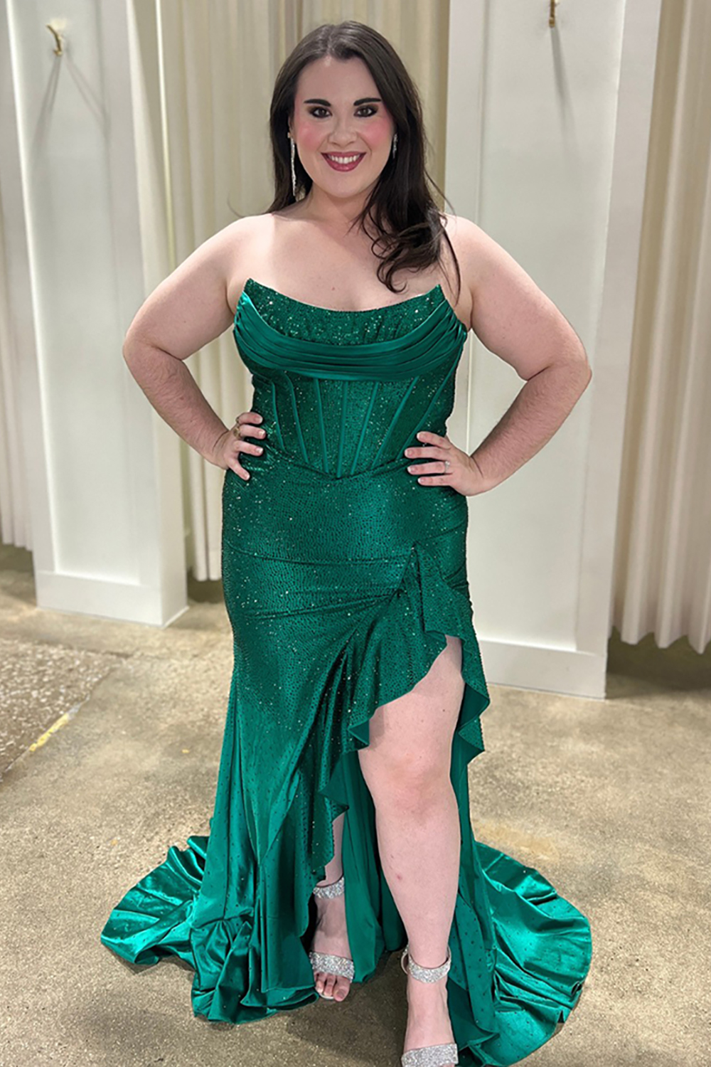 Sparkly Orange Strapless Mermaid Beaded Long Corset Prom Dress with Ruffles