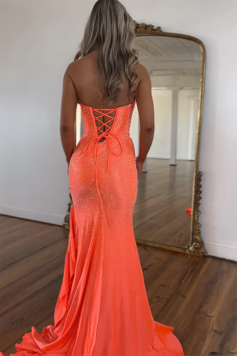 Sparkly Orange Strapless Mermaid Beaded Long Corset Prom Dress with Ruffles