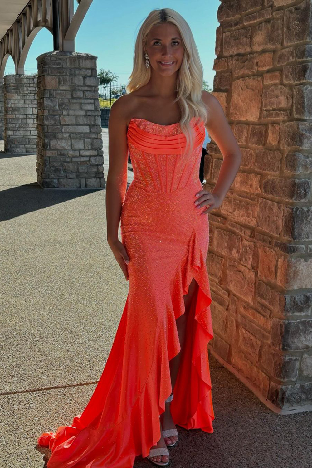 Glitter Orange Prom Dress Strapless Mermaid Beaded Formal Dress Long Corset Pageant Dress with Ruffles