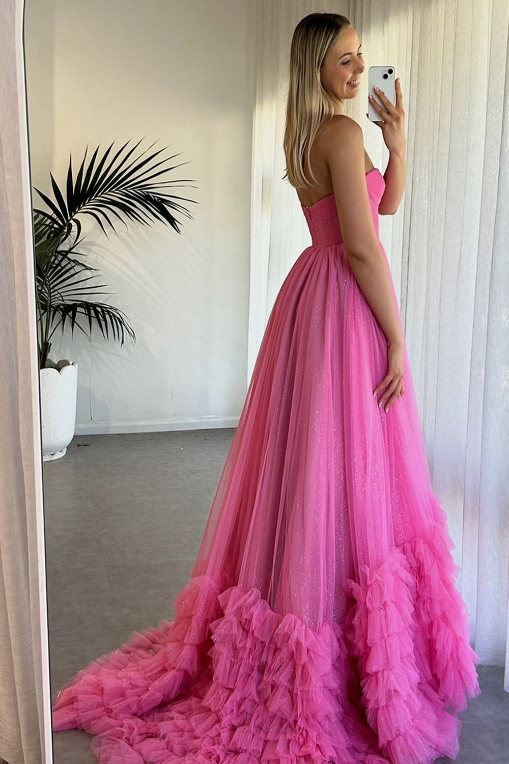Sparkly Sweetheart Tulle A-Line Ruffled Long Corset Prom Dress with Slit