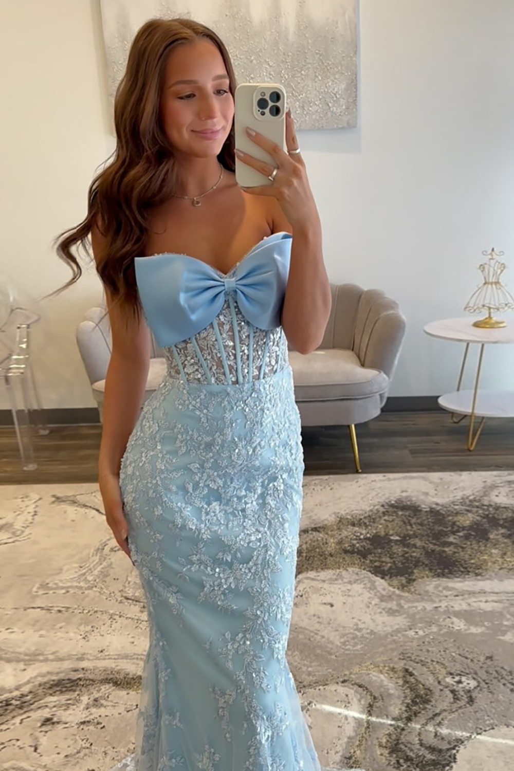 Mermaid Sky Blue Strapless Long Corset Prom Dress with Appliques