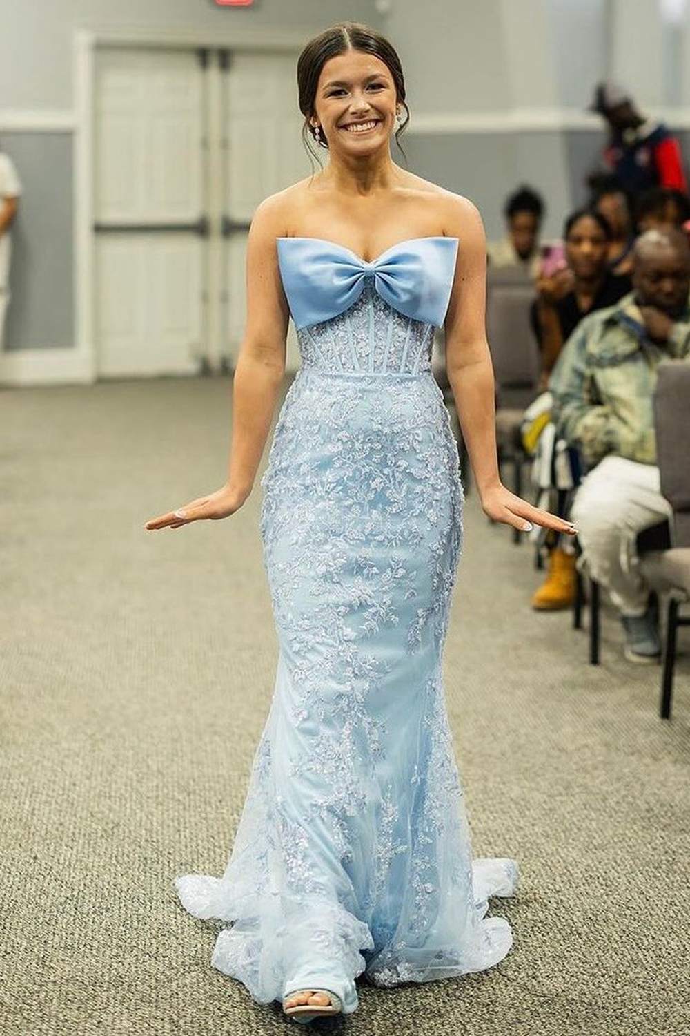 Sky Blue Strapless Mermaid Long Corset Prom Dress with Appliques