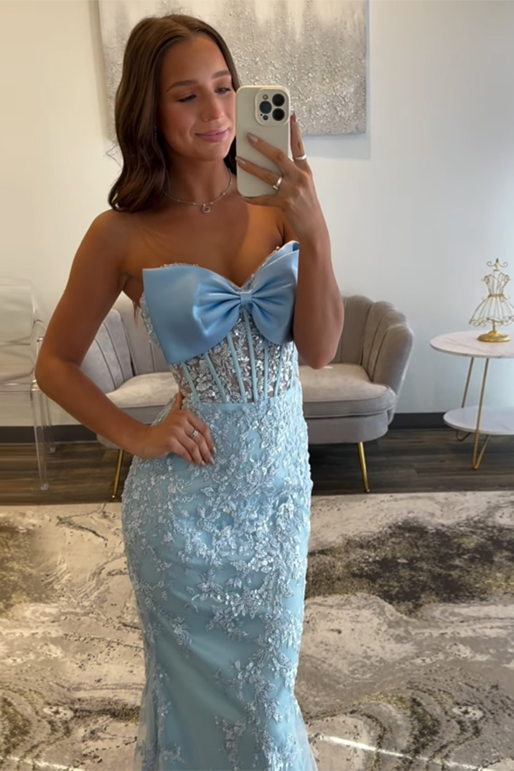 Mermaid Sky Blue Strapless Long Corset Prom Dress with Appliques