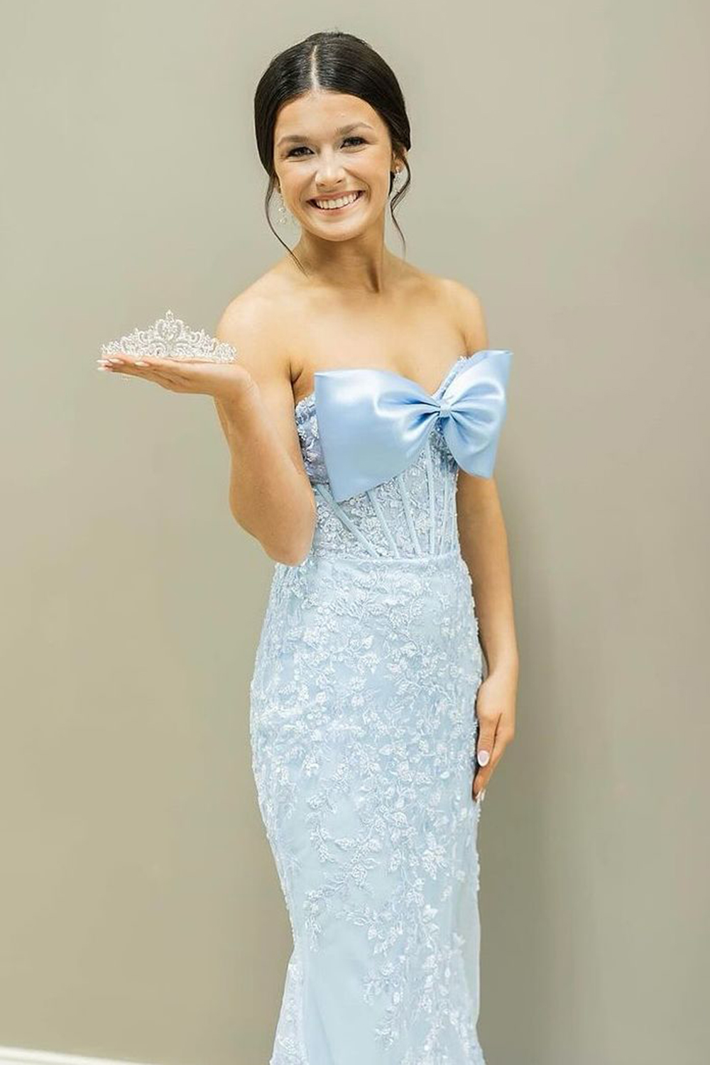 Sky Blue Strapless Mermaid Long Corset Prom Dress with Appliques