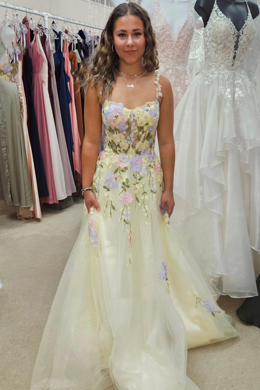 Yellow Spaghetti Straps A-Line Tulle Long Corset Prom Dress with Appliques