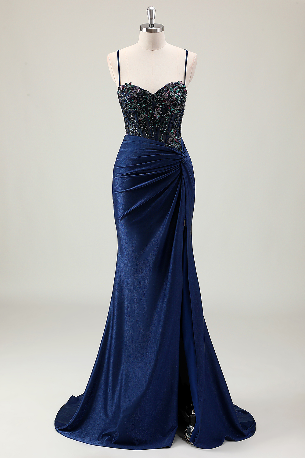 Glitter Dark Navy Spaghetti Straps Mermaid Beaded Long Corset Prom Dress with Slit