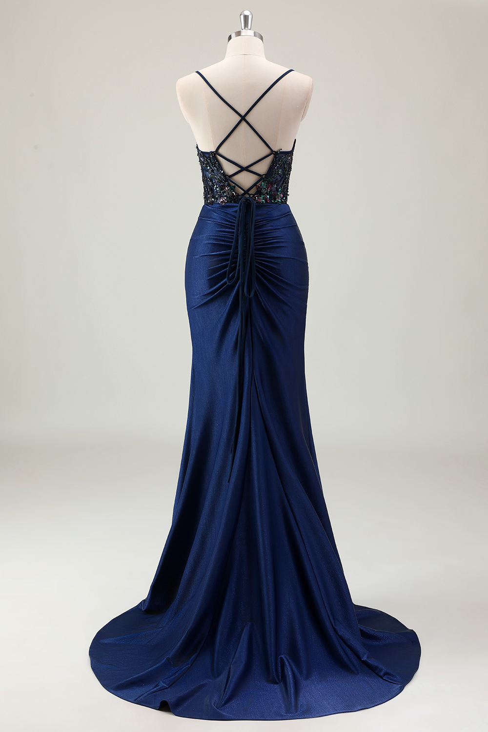 Glitter Dark Navy Spaghetti Straps Mermaid Beaded Long Corset Prom Dress with Slit