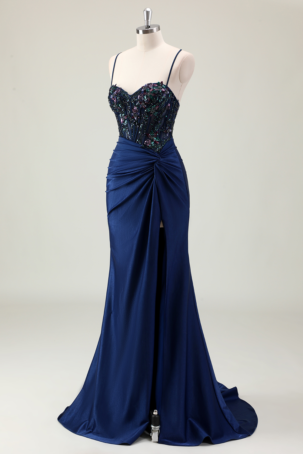 Glitter Dark Navy Spaghetti Straps Mermaid Beaded Long Corset Prom Dress with Slit