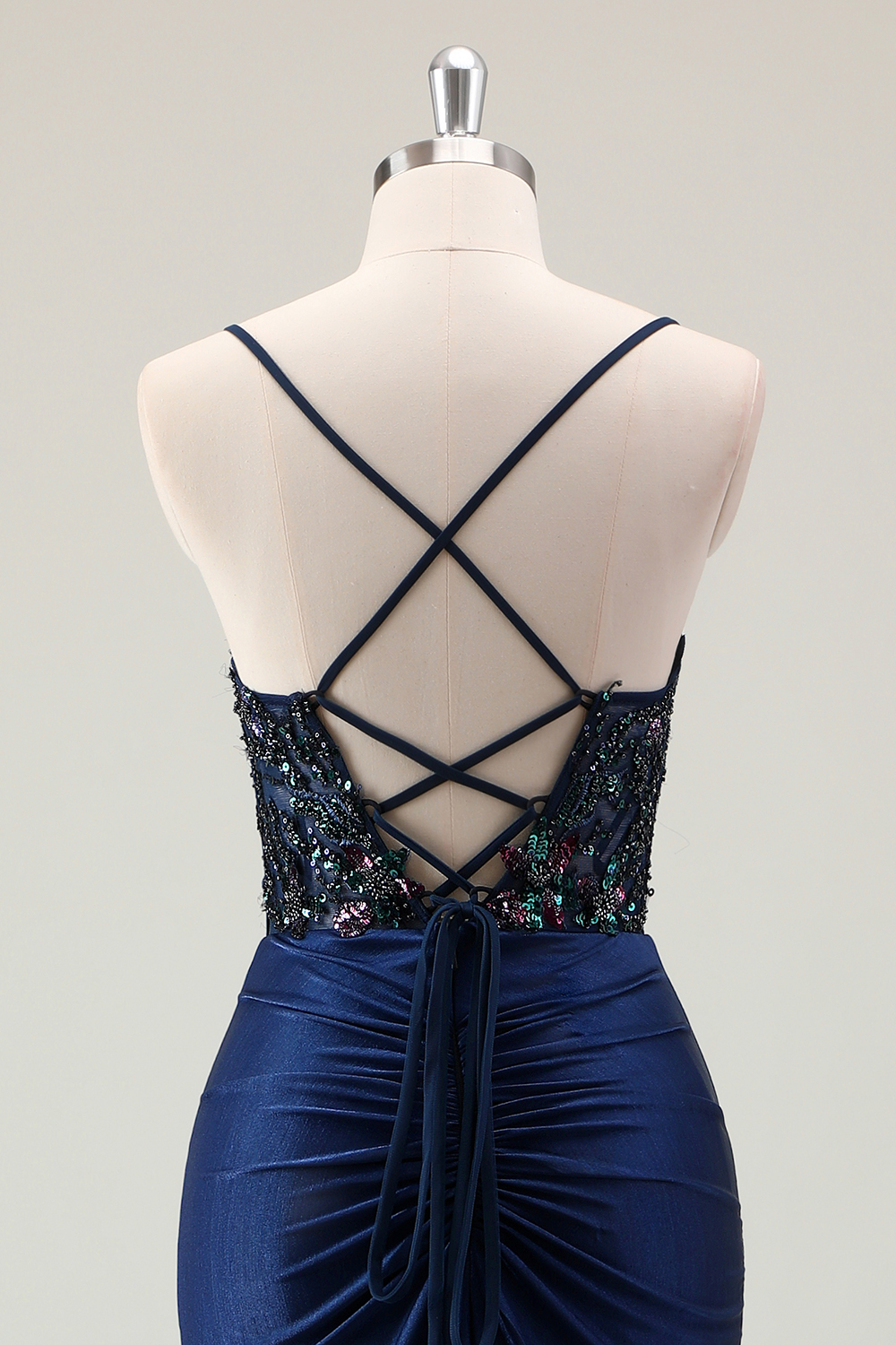 Glitter Dark Navy Spaghetti Straps Mermaid Beaded Long Corset Prom Dress with Slit