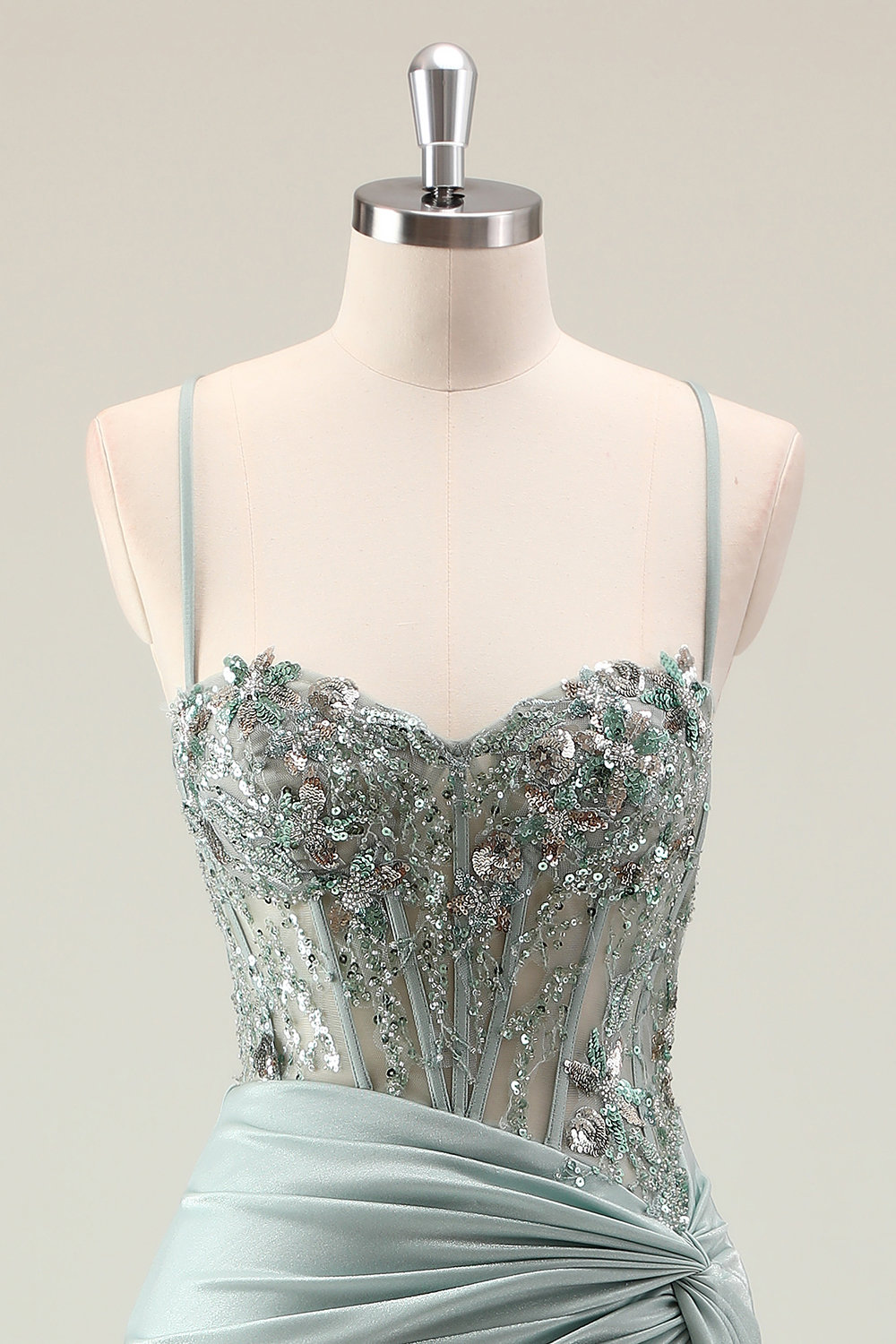 Glitter Dark Navy Spaghetti Straps Mermaid Beaded Long Corset Prom Dress with Slit