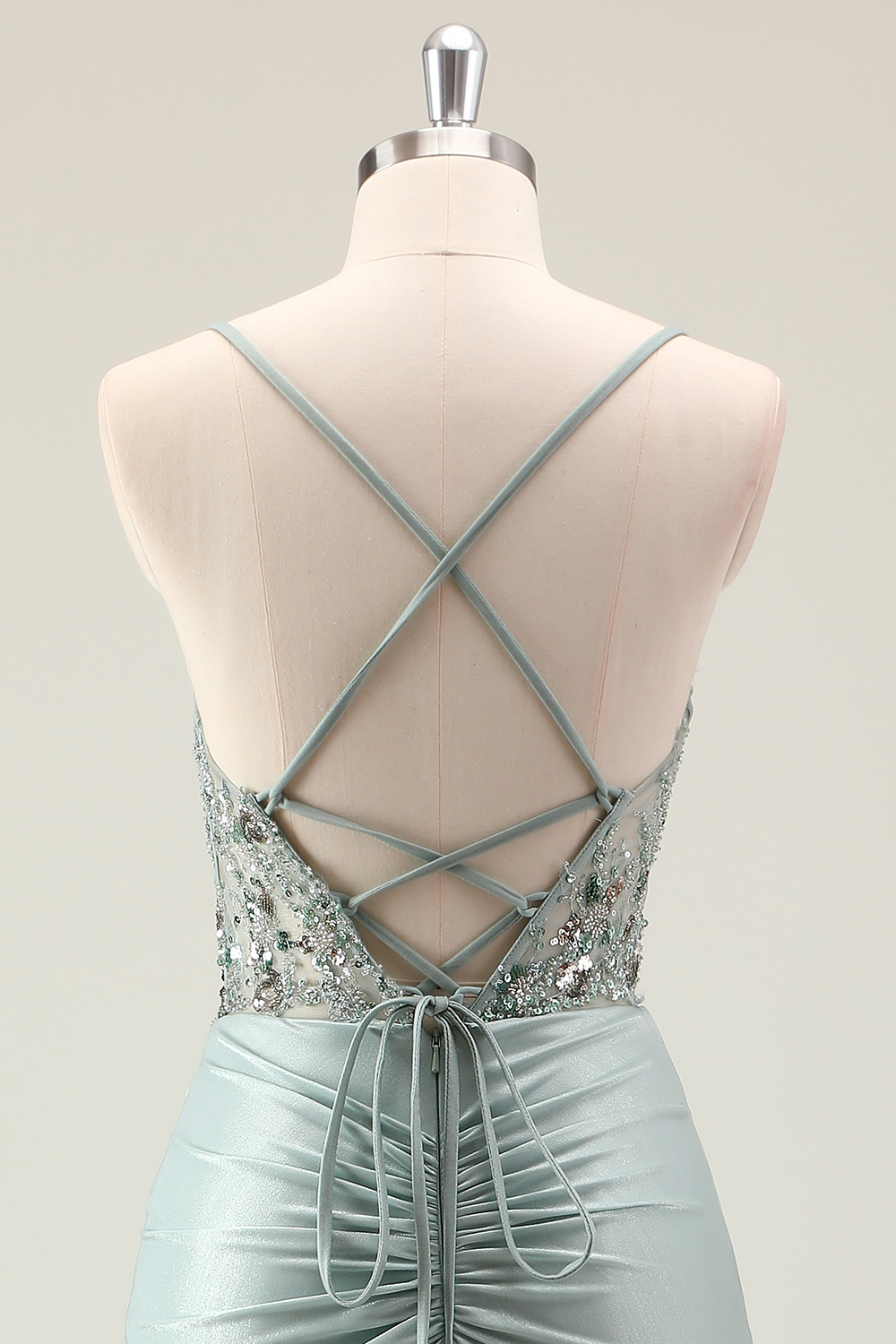 Glitter Dark Navy Spaghetti Straps Mermaid Beaded Long Corset Prom Dress with Slit