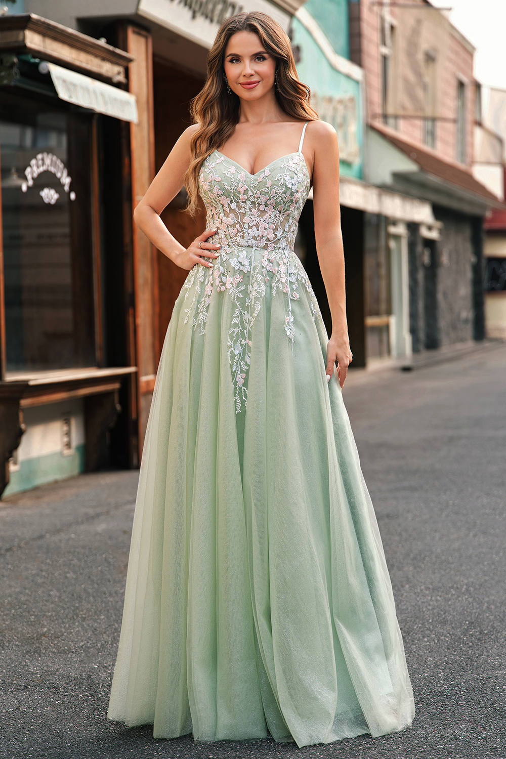 Sage Spaghetti Starps A-Line Tulle Long Corset Prom Dress with Appliques