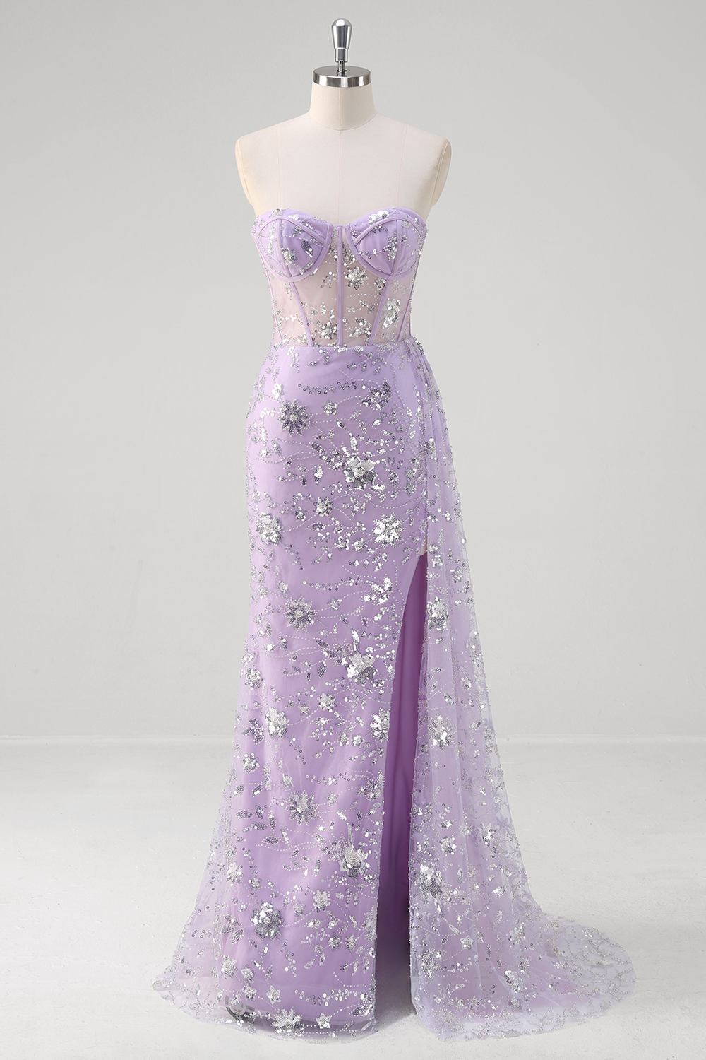 Light Purple Sweetheart Sequins Tulle Mermaid Long Corset Prom Dress with Slit