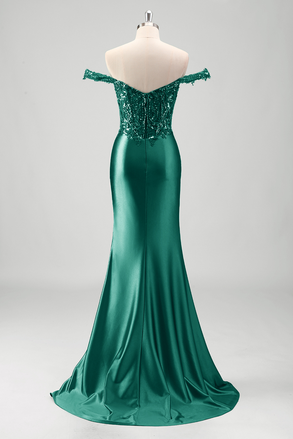 Grey Green Off the Shoulder Mermaid Satin Long Corset Prom Dress with Appliques