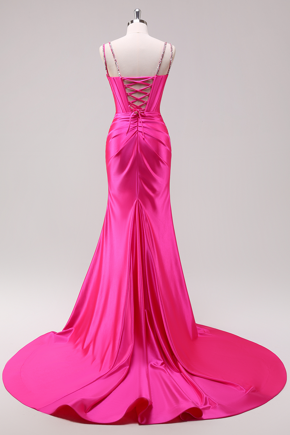 Fuchsia Spaghetti Straps Mermaid Satin Long Corset Prom Dress with Slit