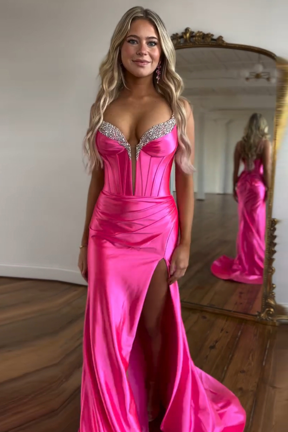Fuchsia Sweetheart Satin Long Corset Prom Dress with Bow with Beading