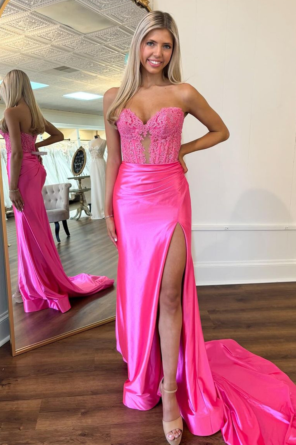 Fuchsia Sweetheart Mermaid Satin Long Corset Prom Dress with Bow with Appliques