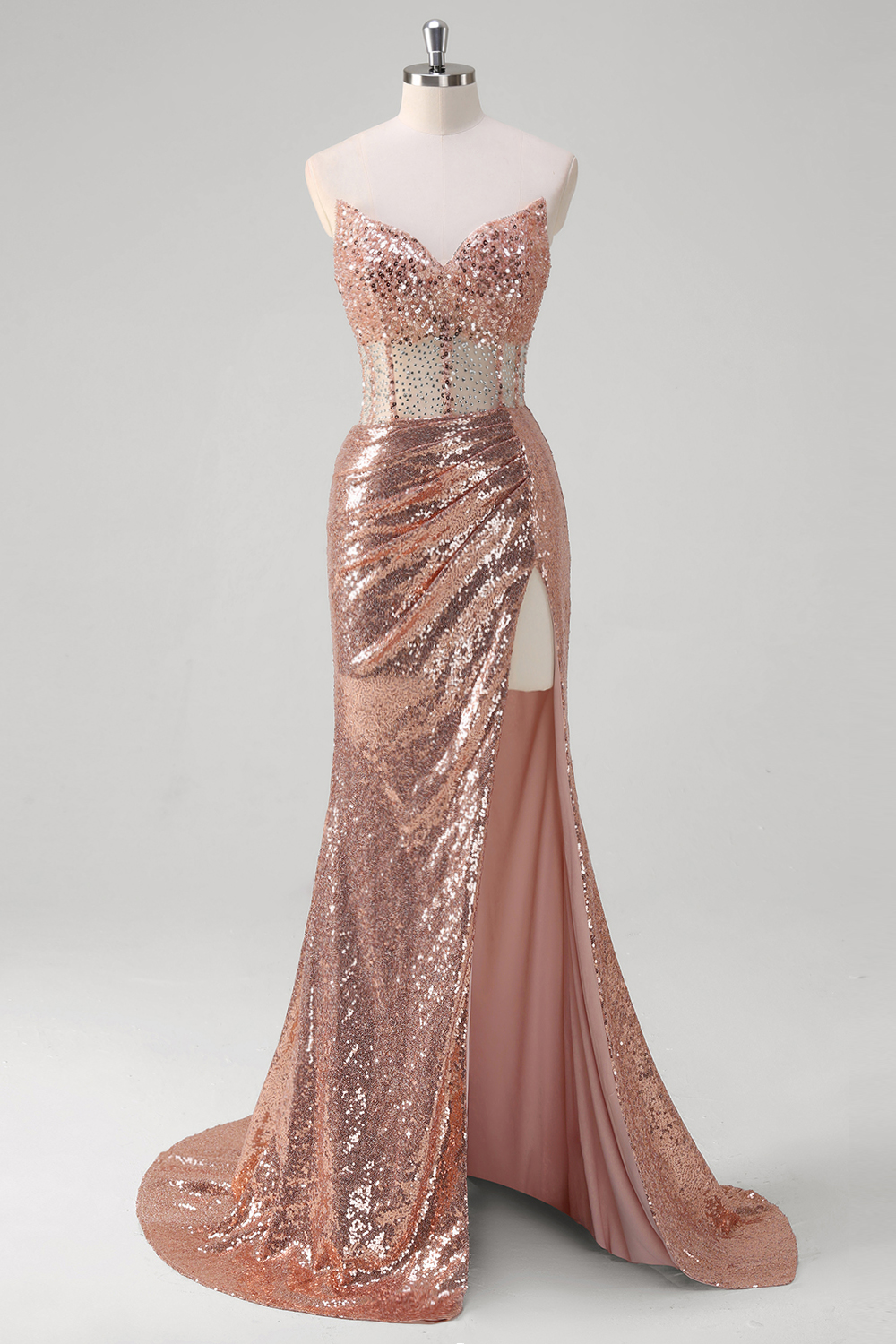 Sparkly Rose Gold Sweetheart Mermaid Sequins Long Corset Prom Dress with Slit