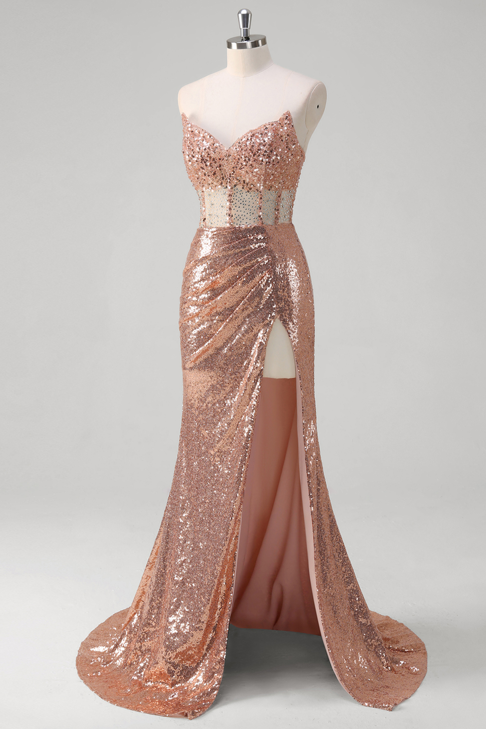 Sparkly Rose Gold Sweetheart Mermaid Sequins Long Corset Prom Dress with Slit