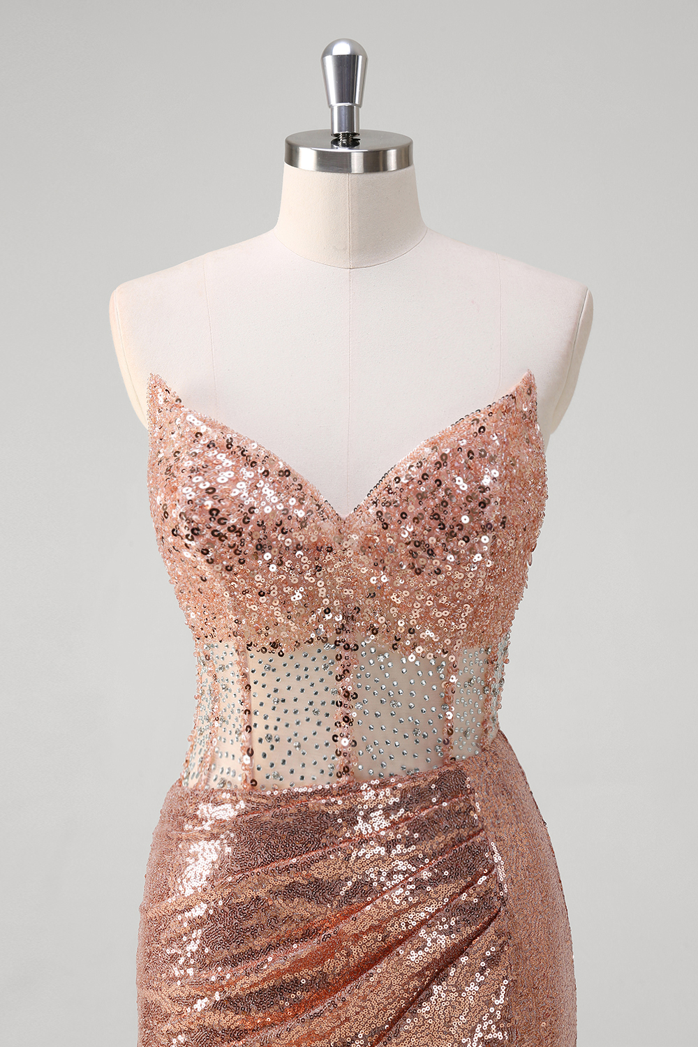 Sparkly Rose Gold Sweetheart Mermaid Sequins Long Corset Prom Dress with Slit