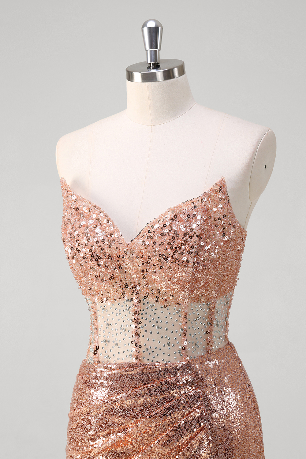 Sparkly Rose Gold Sweetheart Mermaid Sequins Long Corset Prom Dress with Slit