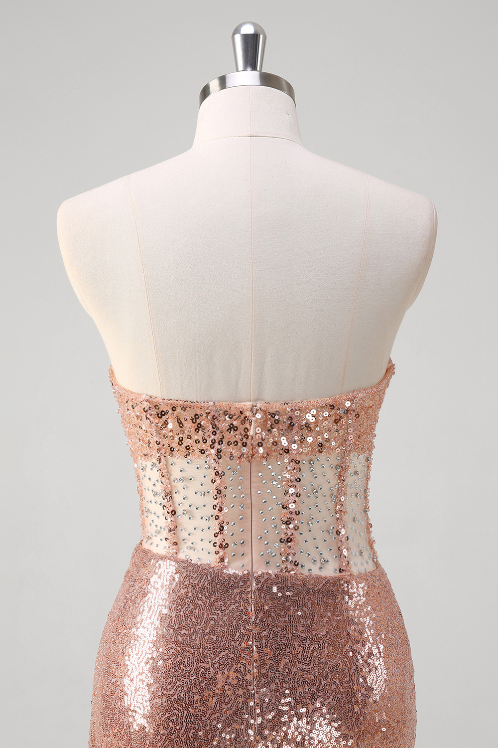 Sparkly Rose Gold Sweetheart Mermaid Sequins Long Corset Prom Dress with Slit
