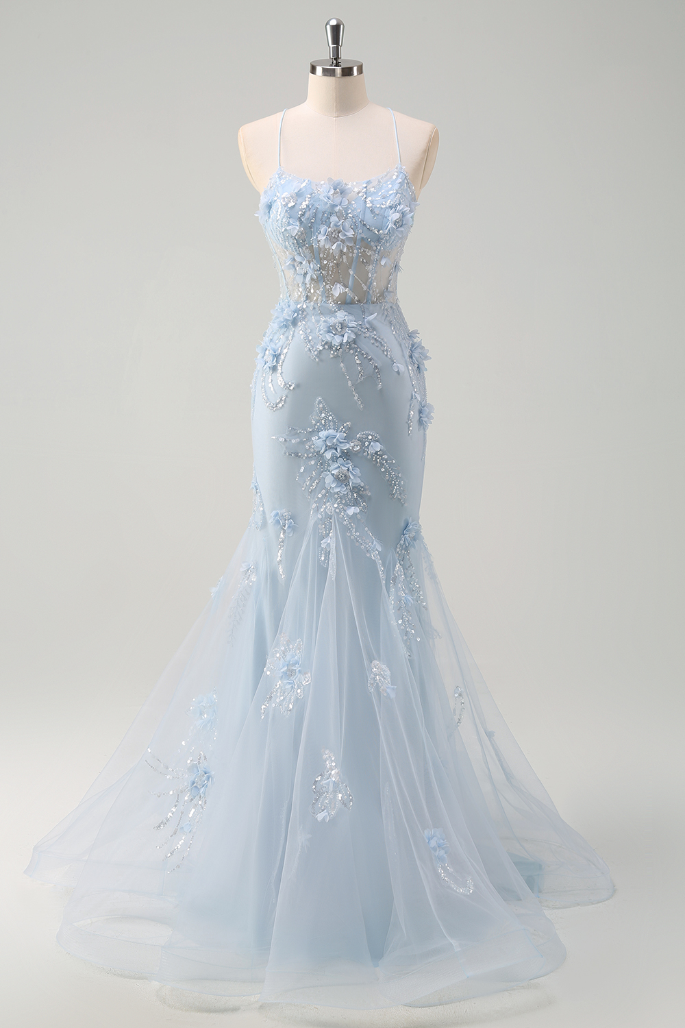 Blue Spaghetti Straps Mermaid Long Corset Prom Dress with 3D Flowers Appliques