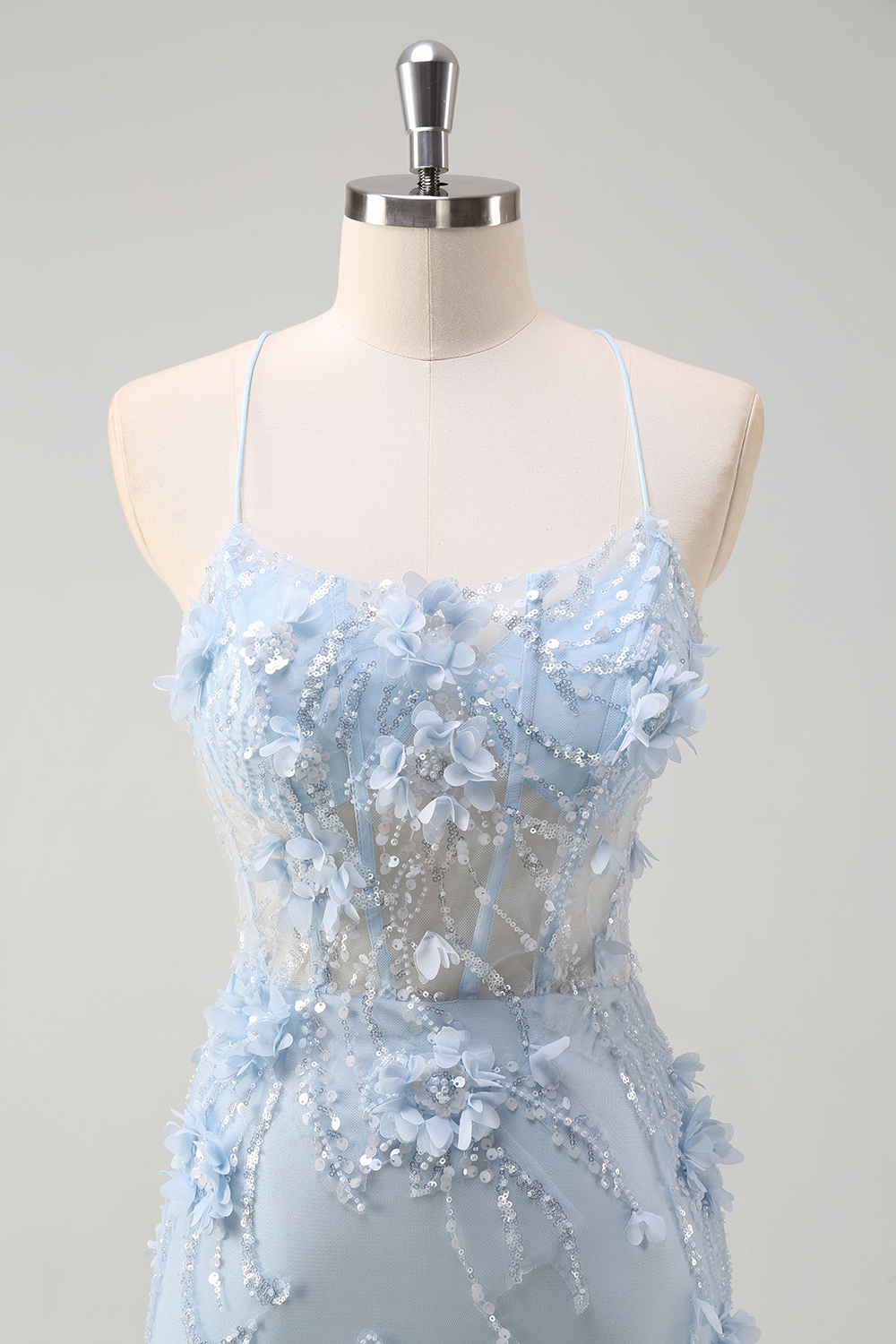 Blue Spaghetti Straps Mermaid Long Corset Prom Dress with 3D Flowers Appliques