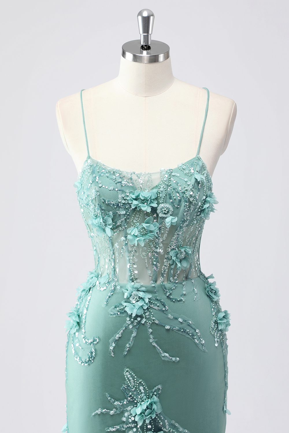 Blue Spaghetti Straps Mermaid Long Corset Prom Dress with 3D Flowers Appliques