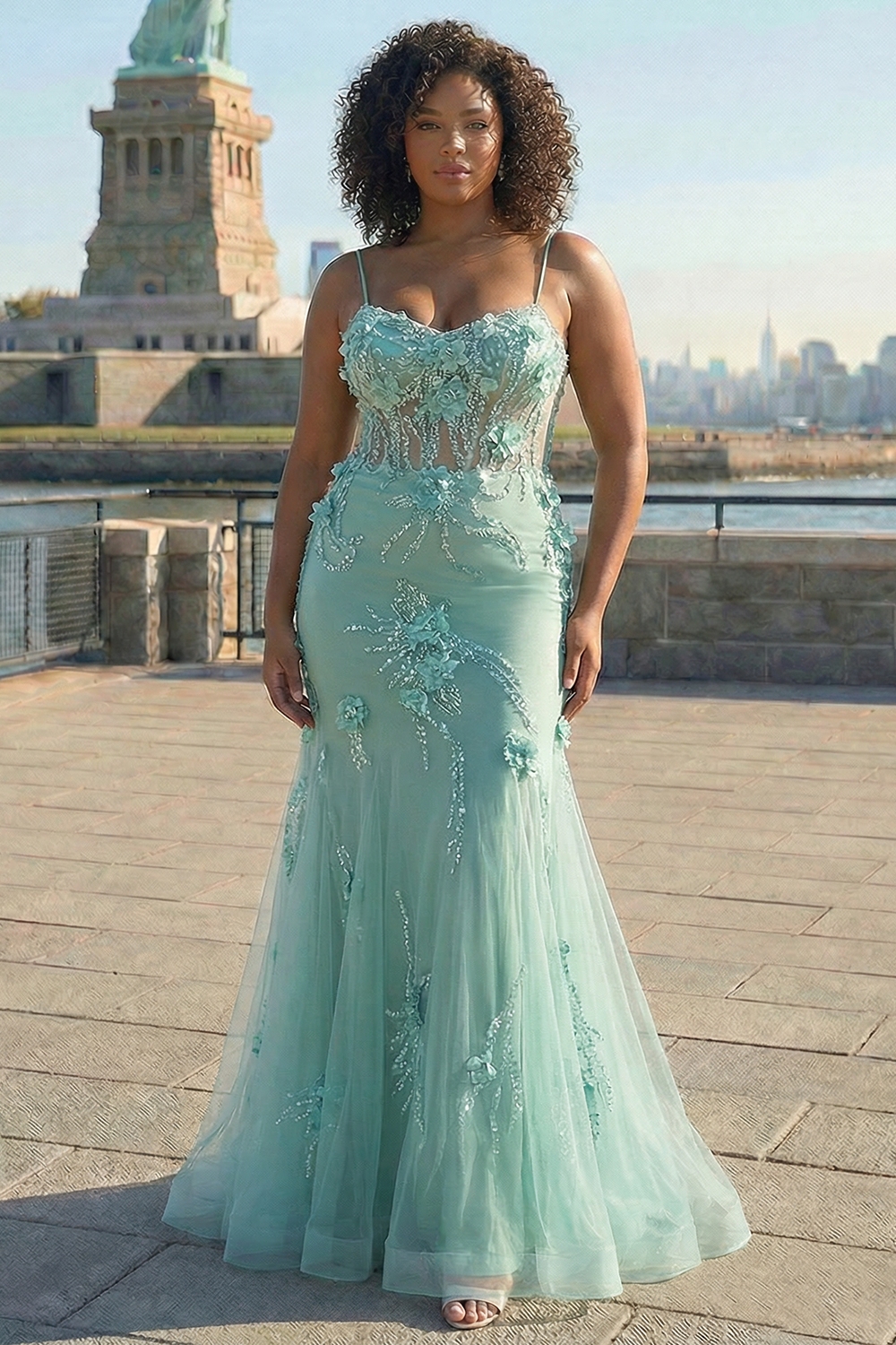Plus Blue Spaghetti Straps Mermaid Long Corset Prom Dress with 3D Flowers Appliques