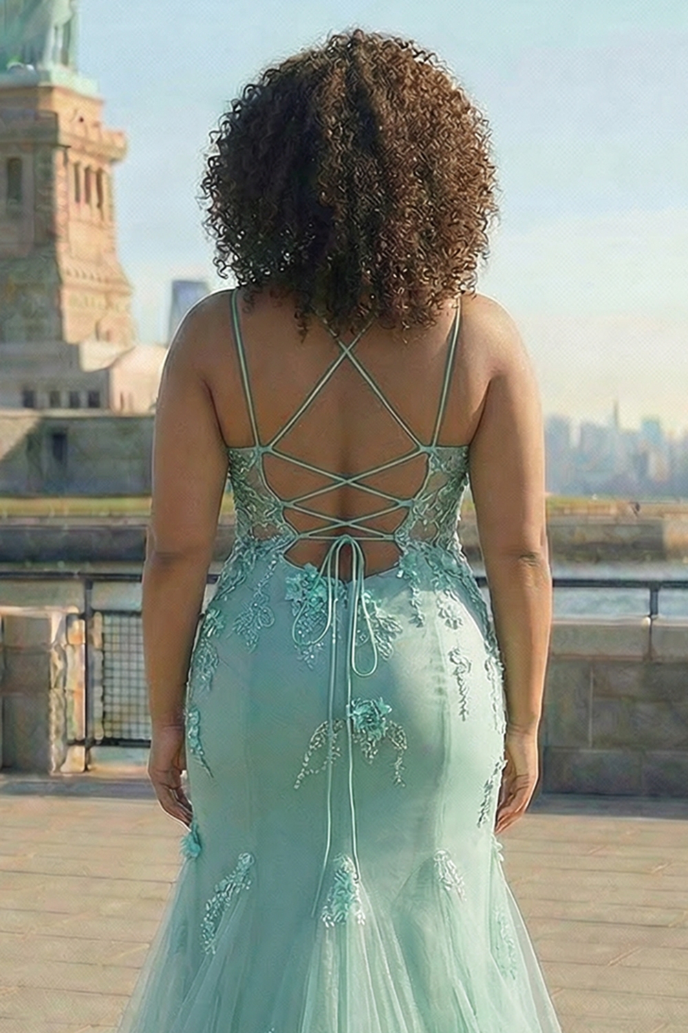 Plus Blue Spaghetti Straps Mermaid Long Corset Prom Dress with 3D Flowers Appliques