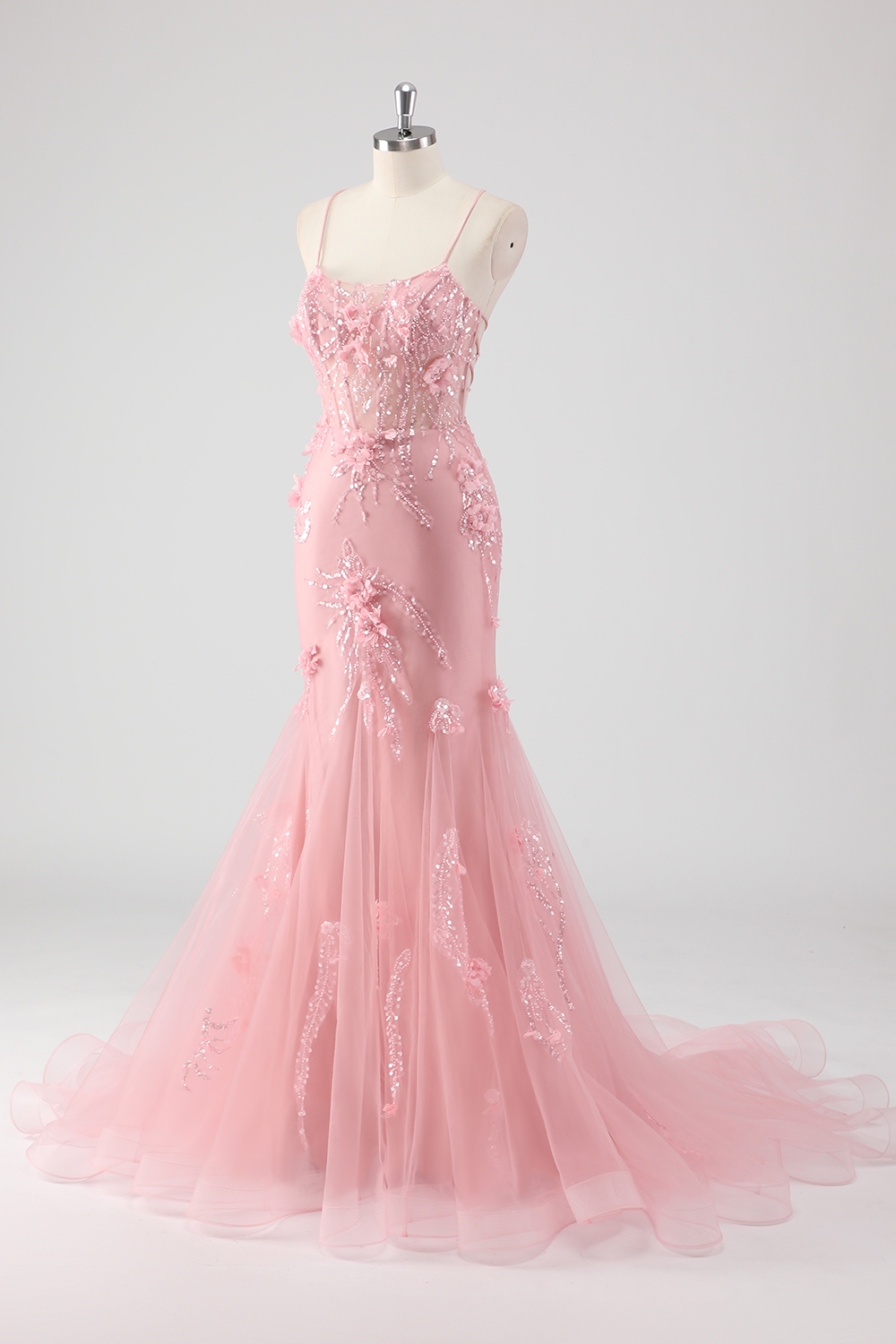 Blue Spaghetti Straps Mermaid Long Corset Prom Dress with 3D Flowers Appliques