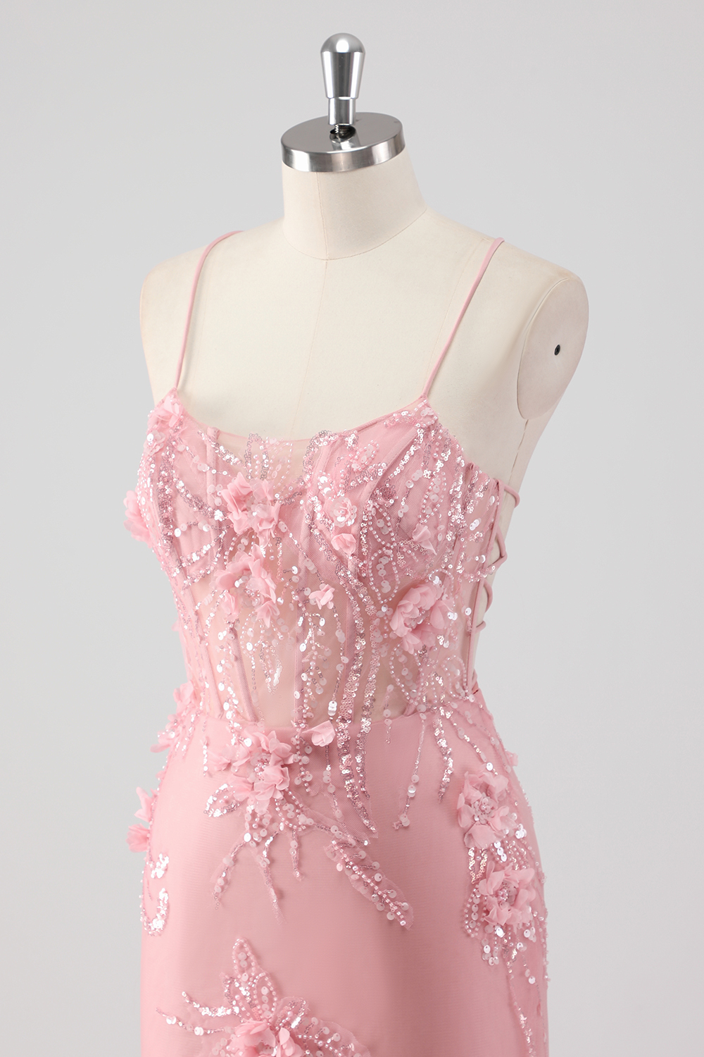 Blue Spaghetti Straps Mermaid Long Corset Prom Dress with 3D Flowers Appliques