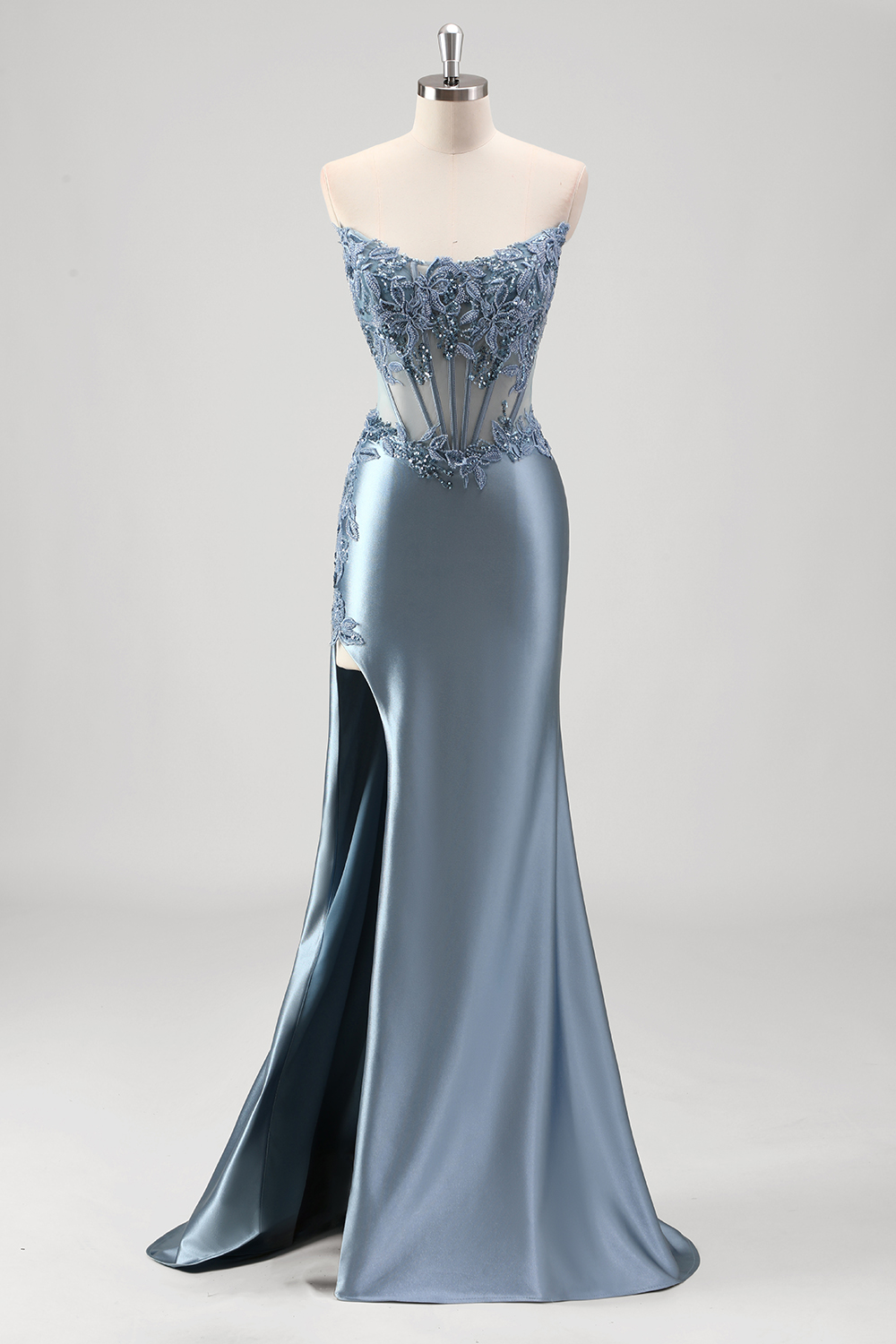 Grey Blue Strapless Mermaid Satin Long Corset Prom Dress with Appliques