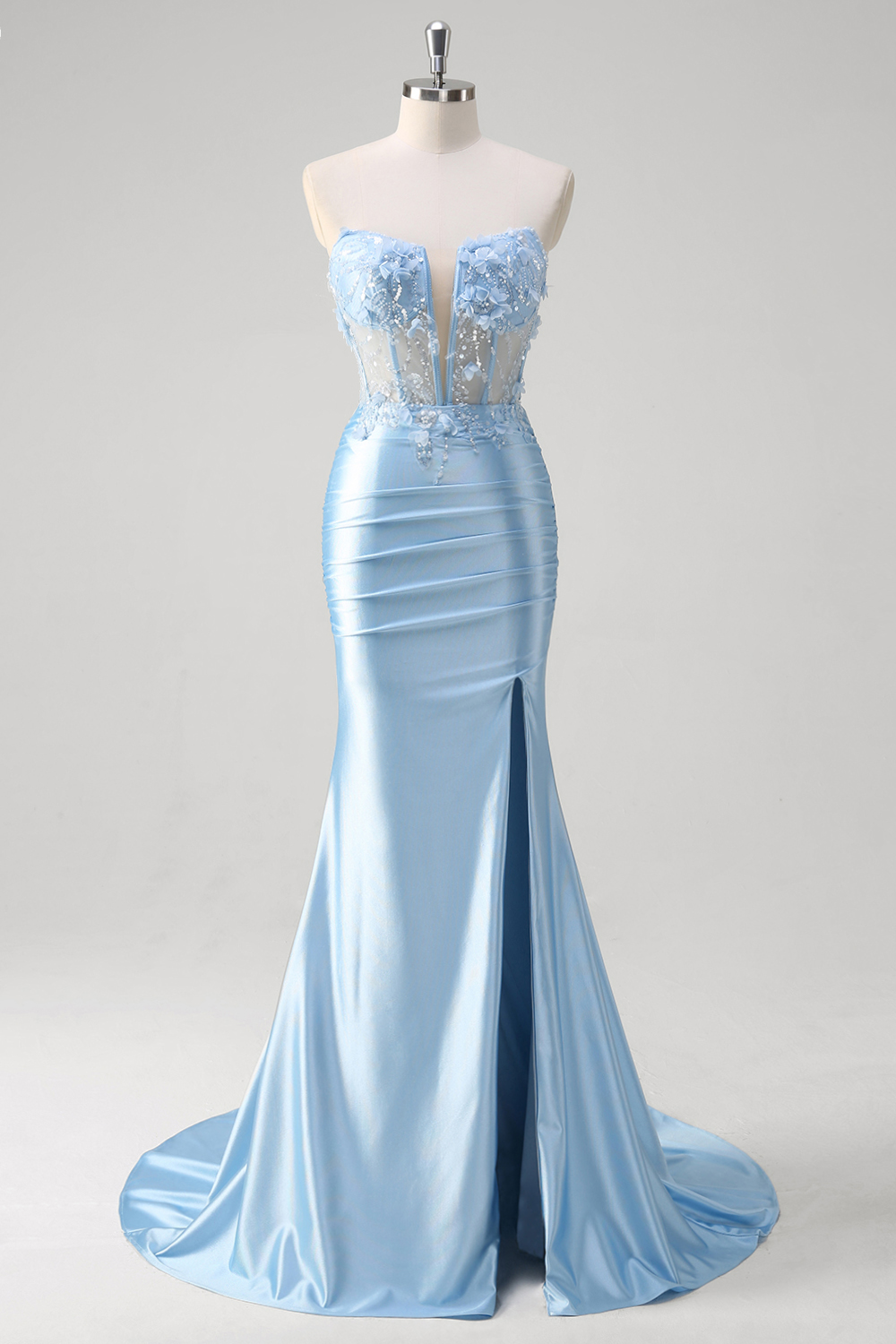Glitter Blue Strapless Mermaid Satin Long Corset Prom Dress with Appliques