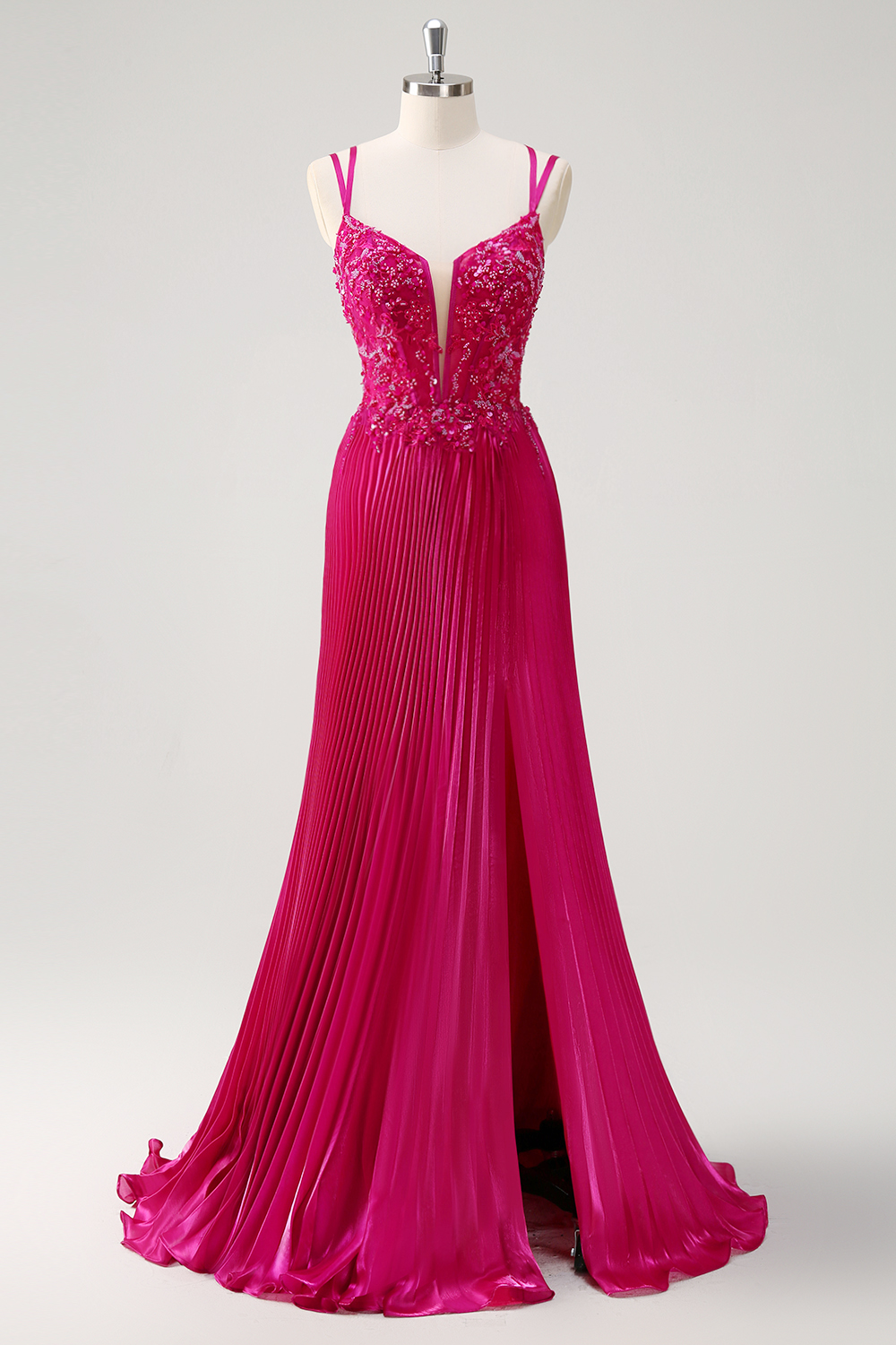 Fuchsia Spaghetti Straps A-Line Satin Pleated Long Corset Prom Dress with Appliques