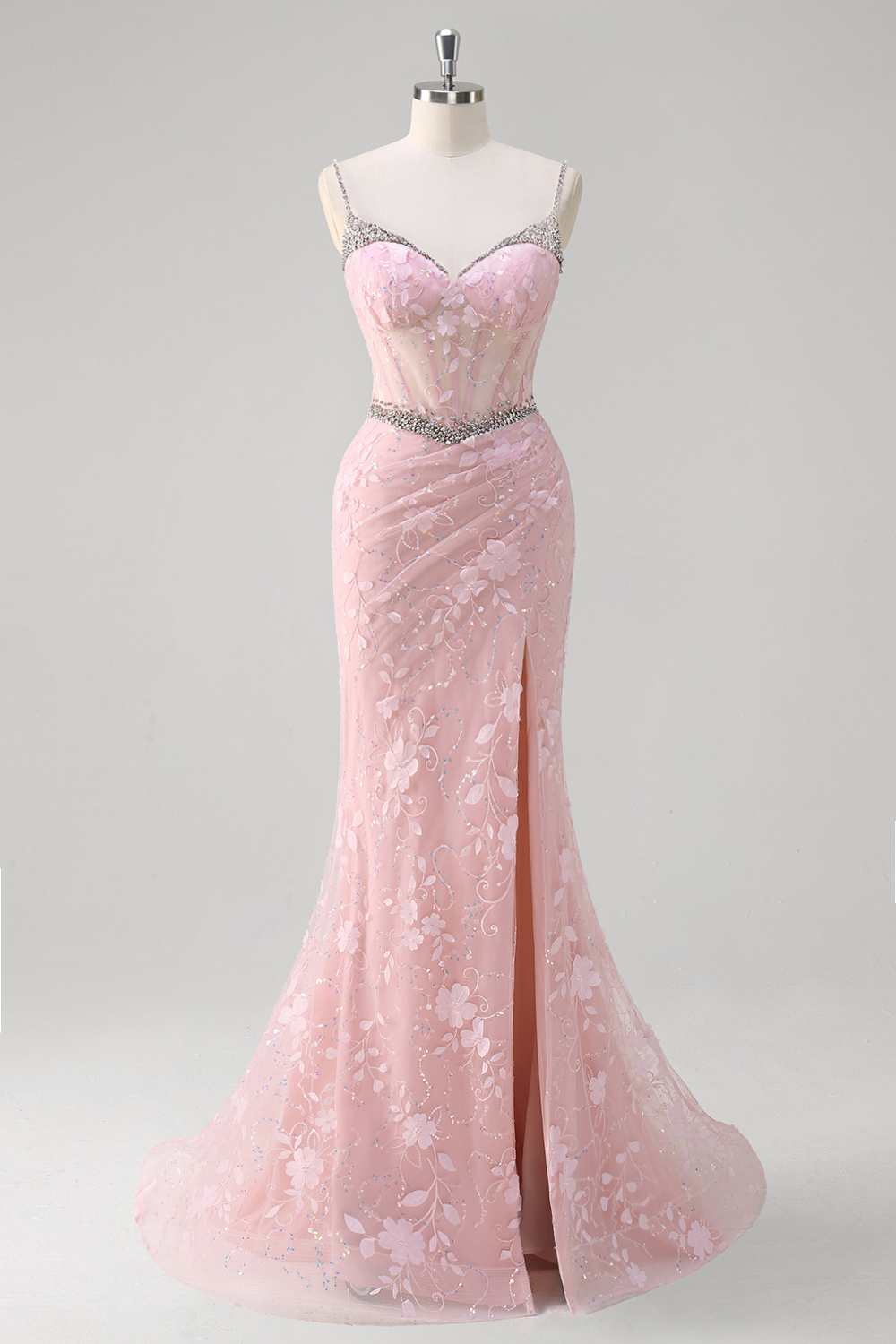 Glitter Pink Spaghetti Straps Beaded Mermaid Tulle Long Corset Prom Dress with Appliques