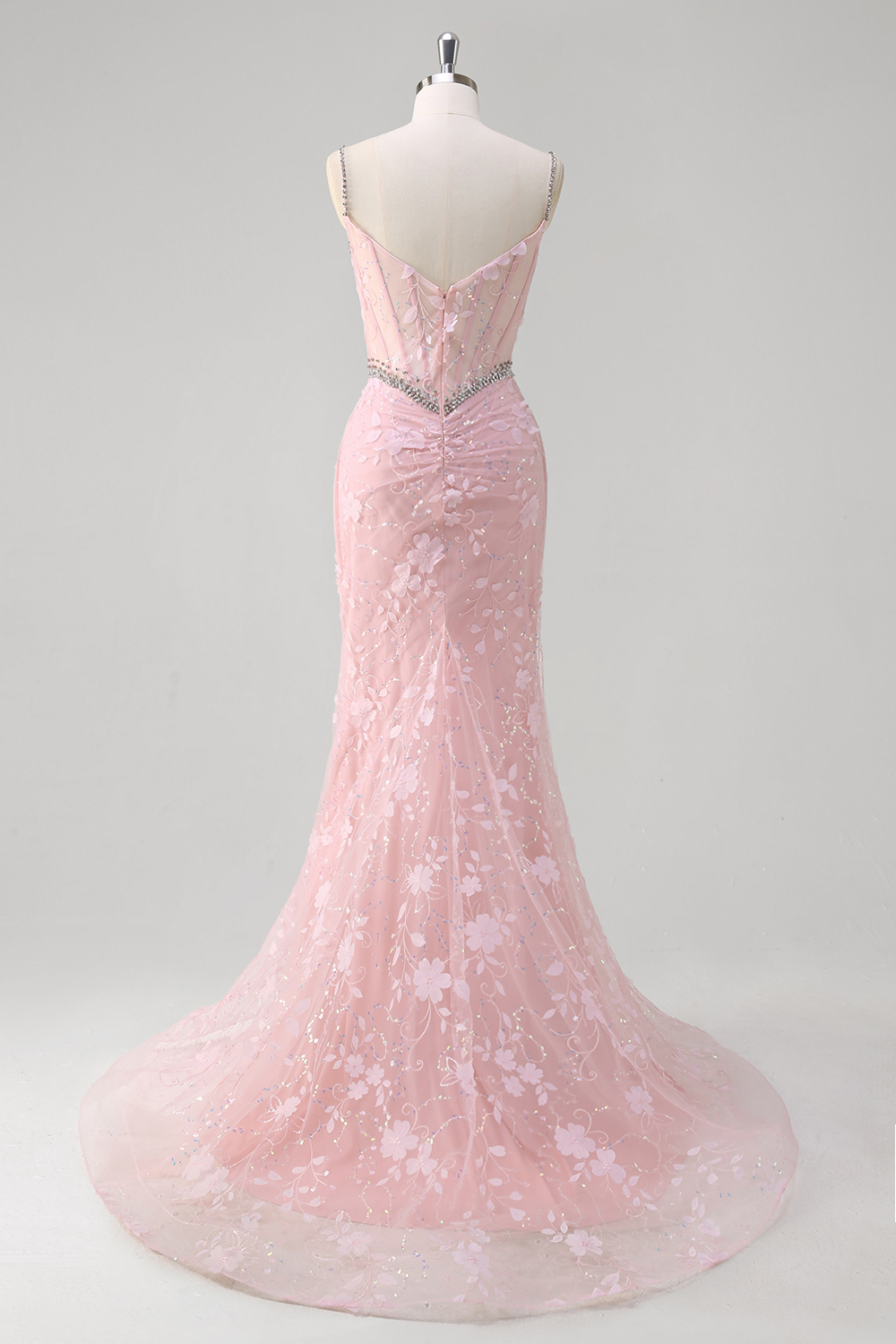 Glitter Pink Spaghetti Straps Beaded Mermaid Tulle Long Corset Prom Dress with Appliques