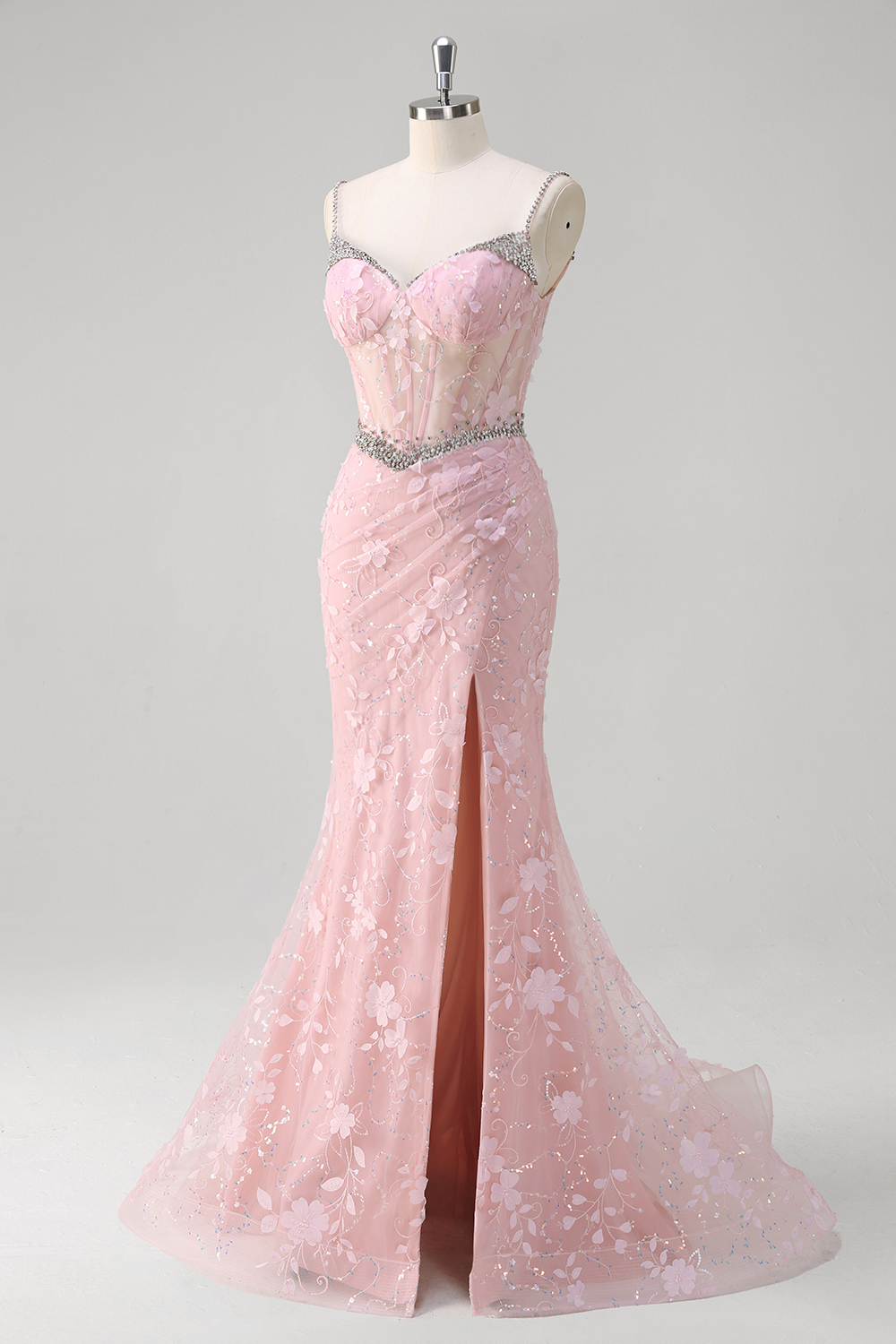 Glitter Pink Spaghetti Straps Beaded Mermaid Tulle Long Corset Prom Dress with Appliques