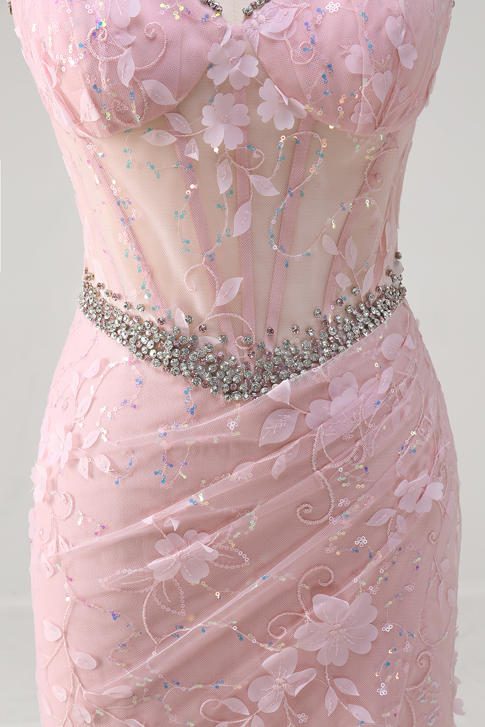 Glitter Pink Spaghetti Straps Beaded Mermaid Tulle Long Corset Prom Dress with Appliques
