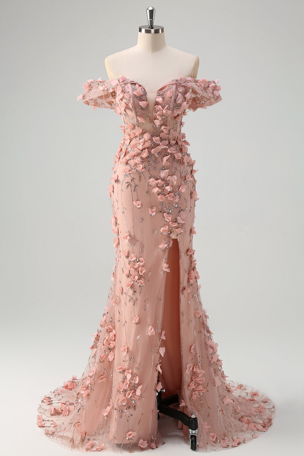 Sparkly Blush Off the Shoulder Mermaid Long Corset Prom Dress with 3D Flowers